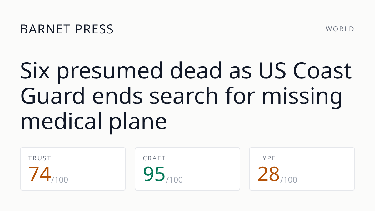 Six presumed dead as US Coast Guard ends search for missing medical plane